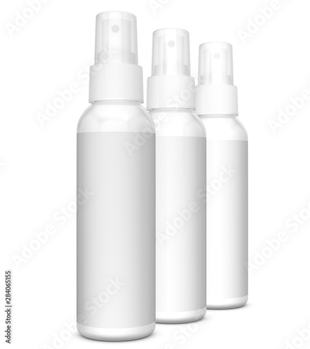 Realistic 3D spray bottles rendering mockup on white background.3D Rendering