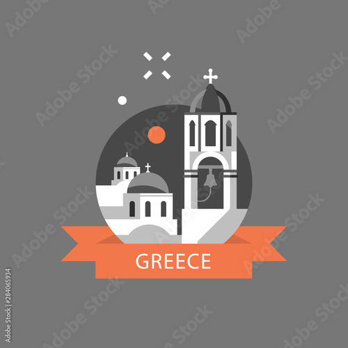 Greek architecture, Greece travel destination, Santorini white and blue houses with dome roof stylized concept, bell tower