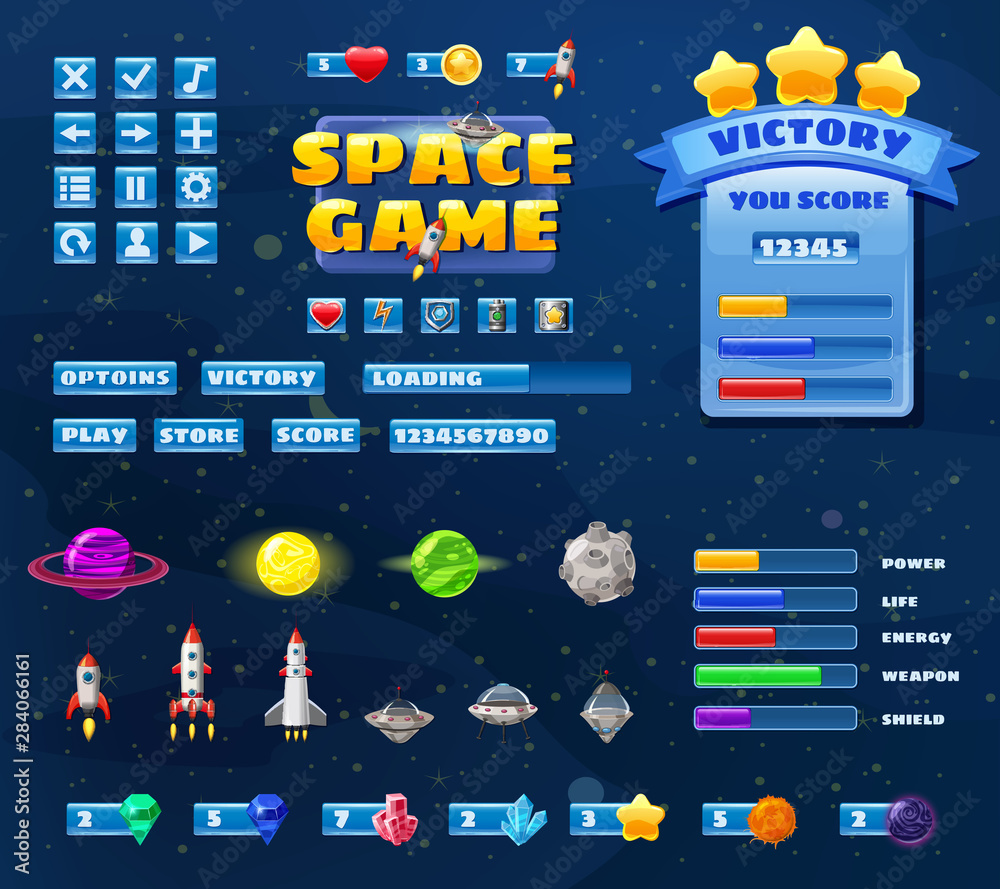 Big set buttons icons elements for Space game cartoon casual games and ...