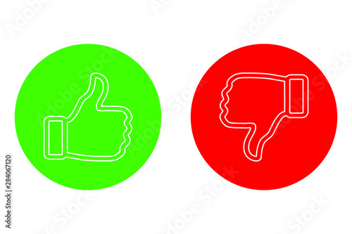 Yes and No check marks with thumbs up and down. Vector illustration. Red and green on white background.