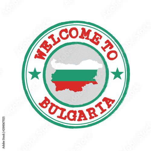 Vector stamp of welcome to Bulgaria with map outline of the nation in center.