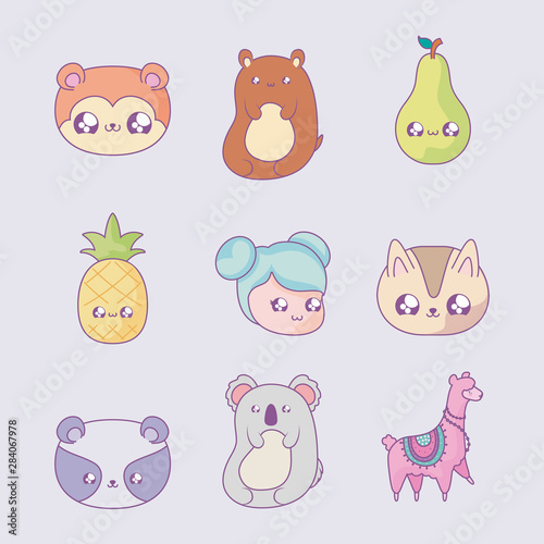 set of fruits with girl and cute animals kawaii style