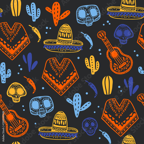 Vector seamless pattern with Mexico traditional celebration decor elements - guitar, sombrero, maracas, paprika, cactus, paprika, skull, poncho on dark background. Good for packaging, prints, textile.