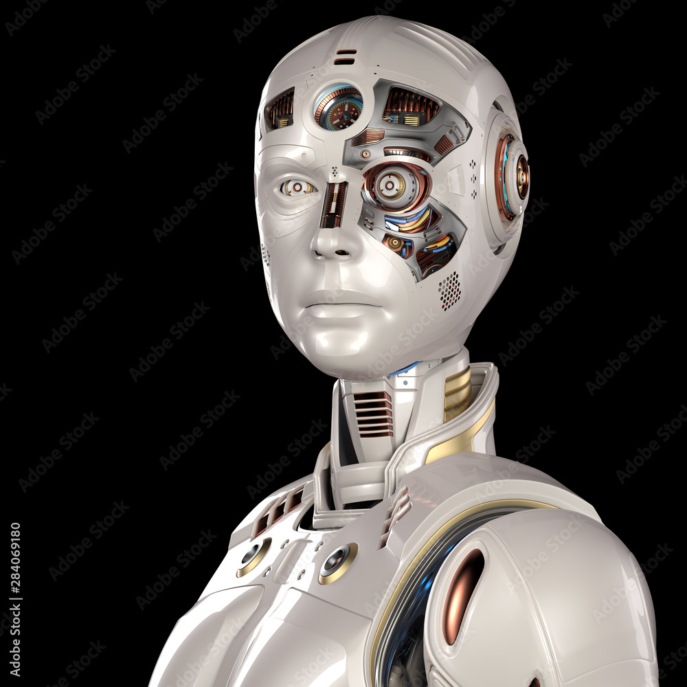 portrait of futuristic robot man or very detailed android cyborg with some  uncovered parts on his face showing the internal head and its various  metallic components. Isolated on black. 3D render Stock
