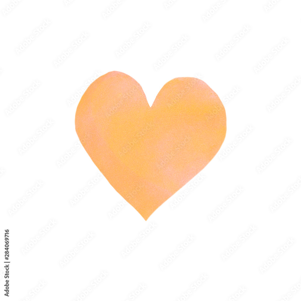 Fototapeta premium Big yellow orange watercolor heart isolated on white background. Valentines day hand drawn background with space for text. Heart shape watercolour template. Design element