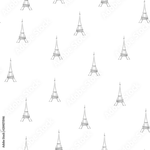 Eiffel Tower seamless pattern. Paris background. Outline Monochrome black and white minimal illustration. Hand drawn Eiffel Tower.