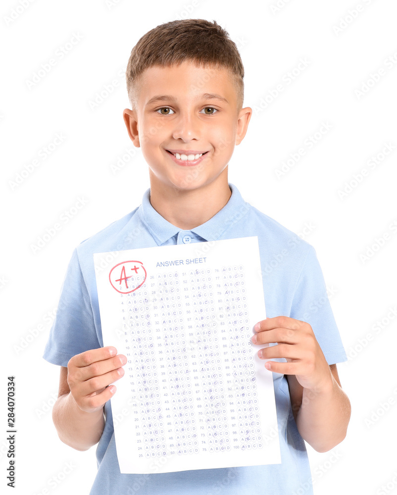 Boy Test Background Happy boy with answer sheet for school test on white background Stock ...
