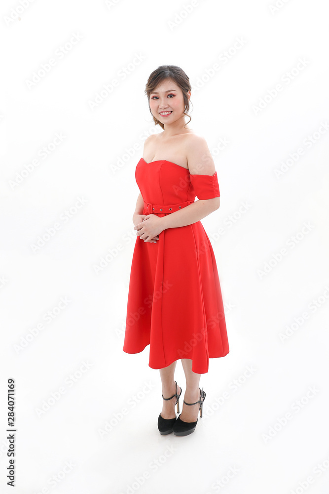 Asian woman modern red dress on white background walk Asian woman modern red dress on white background walk