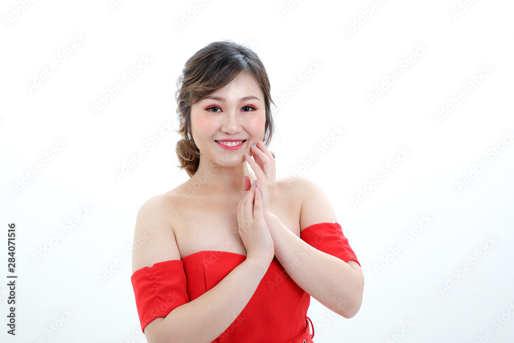 Young beautiful Asian woman look smile black white space background Young beautiful Asian woman look smile black white space background