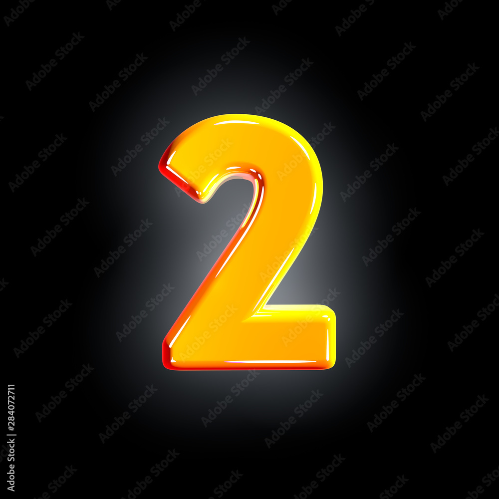 Bright glossy yellow font - number 2 isolated on black background, 3D illustration of symbols Bright glossy yellow font - number 2 isolated on black background, 3D illustration of symbols