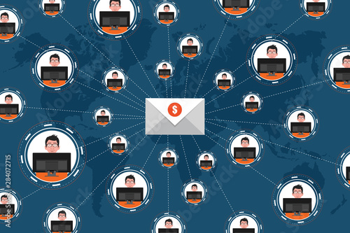Sending and receiving email web banner rectangle template vector illustration. Send mail letters from laptop to anywhere in the world concept 