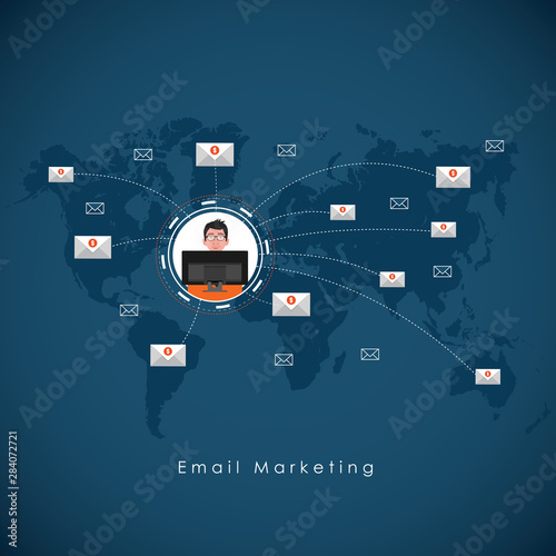 Newsletter concept illustration with notebook laptop and mail flying spreading around the world with map as background