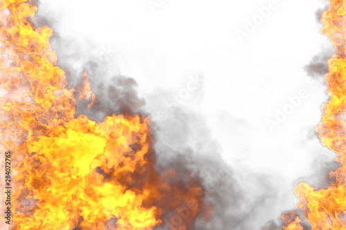 Fire 3D illustration of flaming gothic hell frame isolated on white background - top and bottom are empty, fire lines from sides left and right