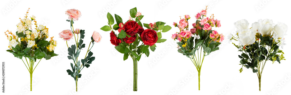 Set of beautiful artificial flowers for decoration arranged in a row and isolated on a white background – Horizontal format