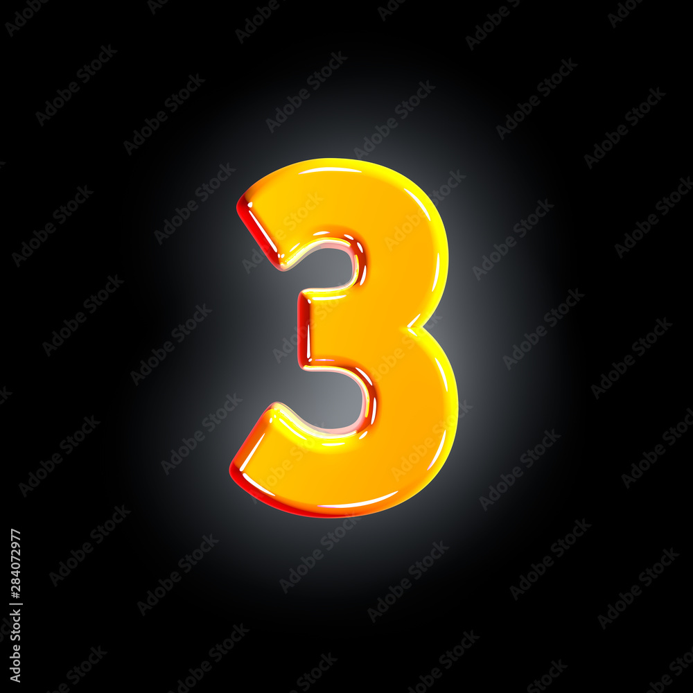 Bright shining yellow font - number 3 isolated on black background, 3D illustration of symbols Bright shining yellow font - number 3 isolated on black background, 3D illustration of symbols