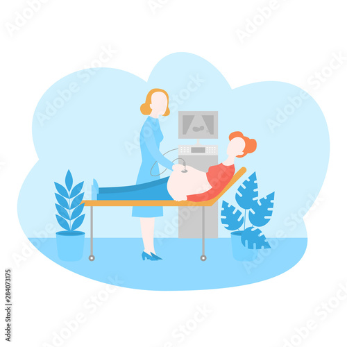 Pregnancy examination. Pregnant woman ultrasound, healthcare and maternity diagnostic. Gynecologist doctor monitoring patient belly in clinic