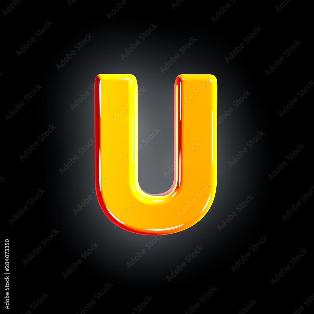 Bright glossy yellow font - letter U isolated on black background, 3D illustration of symbols Bright glossy yellow font - letter U isolated on black background, 3D illustration of symbols