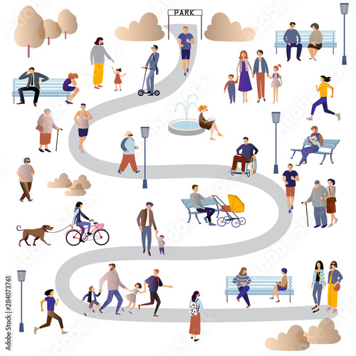 Women, men, parents and children, families, companies, people with disabilities, elderly and young people spend time outdoors.