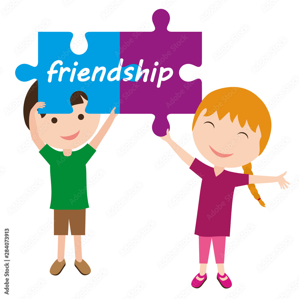 Children add puzzles. Boy and girl put word Friendship from puzzles.