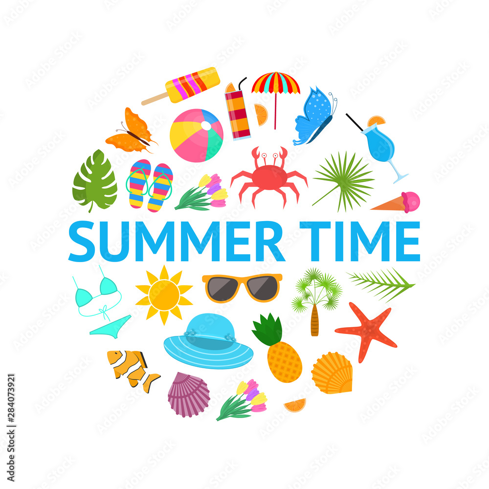 Summer Time Color Elements Round Design Template Ad. Vector