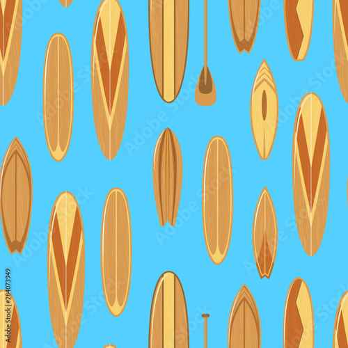 Surfboards with Wooden Texture Surfers Equipment Seamless Pattern Background. Vector