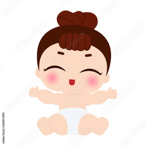 Cute smiling little girl, doll toy sitting in diapers. Baby lol doll, baby, infant, child, babe. Vector illustration