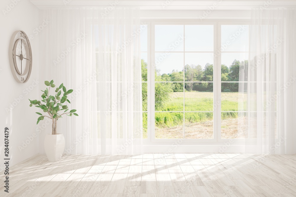 Stylish empty room in white color with summer landscape in window. Scandinavian interior design. 3D illustration Stylish empty room in white color with summer landscape in window. Scandinavian interior design. 3D illustration