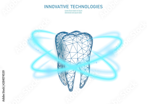 Low poly tooth protection medical concept. Whitening toothpaste enamel reconstruction healthcare. Polygonal healthy dentistry procedure glowing circle around tooth vector illustration
