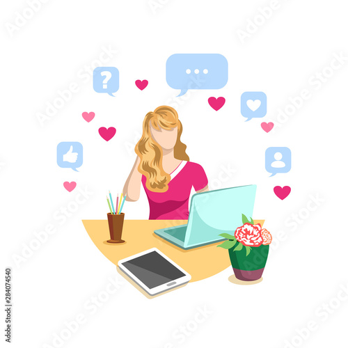 Female blogger with laptop sitting at desk. Social media marketing. Vector illustration.