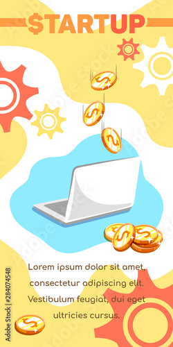 Startup concept illustration. Laptop and golden falling coins on abstract background. Vector image