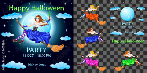 Brunette sorceress on a broom invites to a party