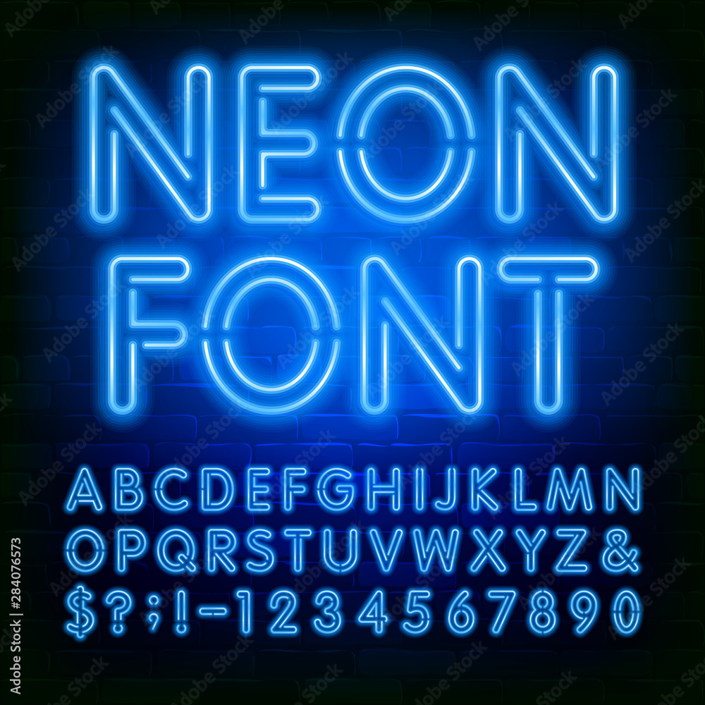 Neon alphabet font. Blue neon light bulb letters and numbers on brick wall  background. Stock vector typeface for your typography design. Stock Vector  | Adobe Stock