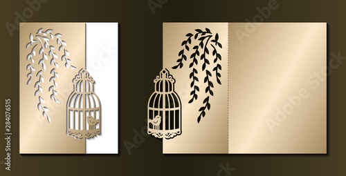 Laser cut template of wedding invitation. Fold card with cage, birds, branch with leaves. Gold vector illustration. Silhouette of golden birdcage. Panel for wood carving, paper cut, diecut pattern.