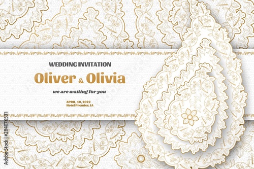 Set of wedding invitation templates with floral paisley and mandala. Flower and leaves patterns. Golden ornaments. Vector illustration.