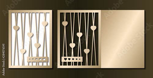 Laser cut template of wedding invitation. Frame with hearts and straight lines. Fold valentines card. Gold vector illustration. Silhouette of golden panel for wood carving, paper cut, diecut pattern.