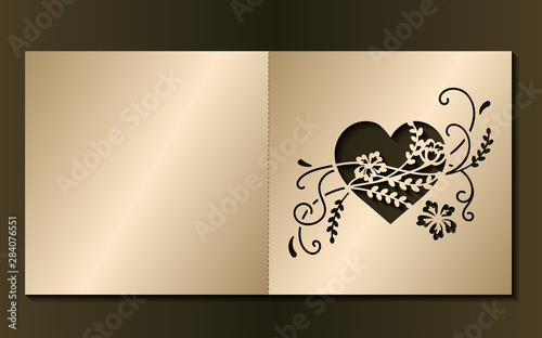 Laser cut template of wedding invitation. Frame with heart and flowers. Fold valentine's day card. Gold vector illustration. Silhouette of golden panel for wood carving, paper cut, die cut pattern.