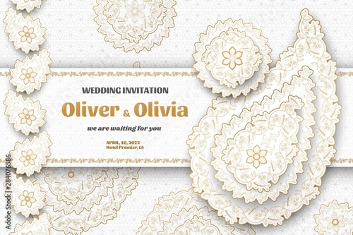 Set of wedding invitation templates with floral paisley and mandala. Flower and leaves patterns. Golden ornaments. Vector illustration.