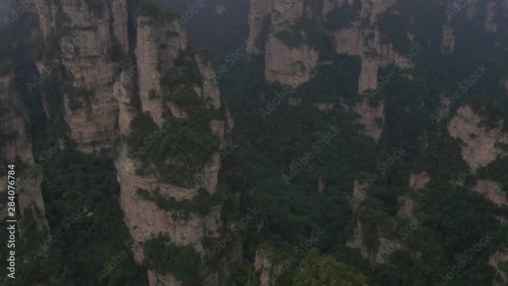 Drone shot of Zhangjiajie national park in China, karst mountains all over the place Drone shot of Zhangjiajie national park in China, karst mountains all over the place
