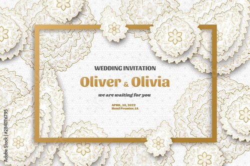 Set of wedding invitation templates with floral paisley and mandala. Flower and leaves patterns. Golden ornaments. Vector illustration.