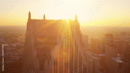 Detroit skyline at golden hour aerial drone photo