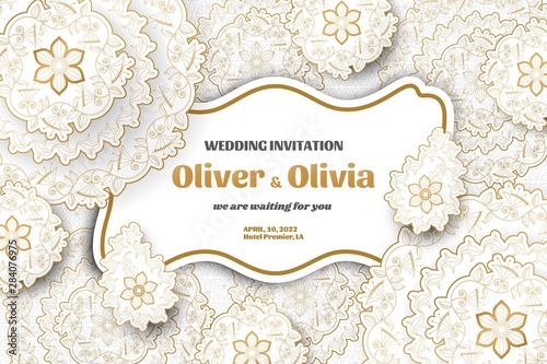 Set of wedding invitation templates with floral paisley and mandala. Flower and leaves patterns. Golden ornaments. Vector illustration.