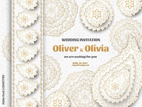 Set of wedding invitation templates with floral paisley and mandala. Flower and leaves patterns. Golden ornaments. Vector illustration.