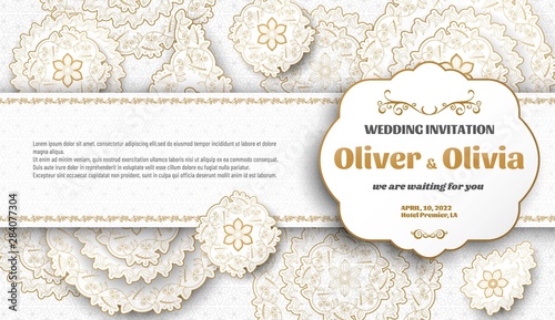 Set of wedding invitation templates with floral paisley and mandala. Flower and leaves patterns. Golden ornaments. Vector illustration.