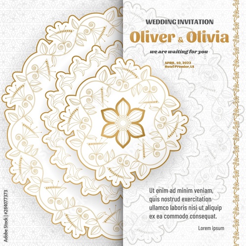 Set of wedding invitation templates with floral paisley and mandala. Flower and leaves patterns. Golden ornaments. Vector illustration.