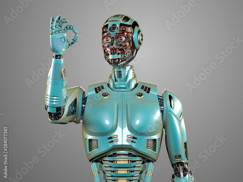 Portrait of detailed futuristic robot man showing ok gesture or android cyborg making it clear that everything is okay. Front view of the upper body isolated on grey background. 3D illustration