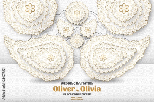 Set of wedding invitation templates with floral paisley and mandala. Flower and leaves patterns. Golden ornaments. Vector illustration.