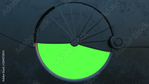3d animation of opening the iron rusty hatchway with green screen.