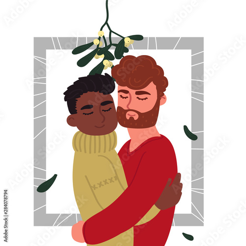 A pair of young guys hug under the branch of mistletoe. Cartoon characters isolated on white background. Vector illustration in the style of flat