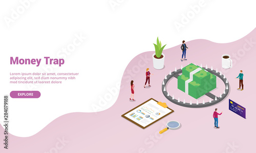 money trap business concept with team people business modern isometric style for website template or landing homepage - vector