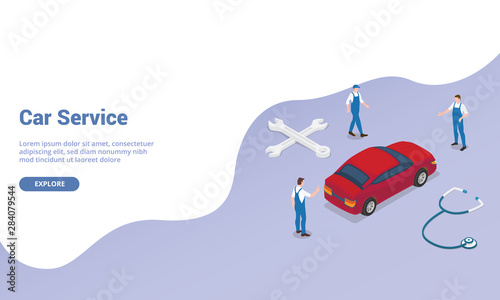 car service concept with team engineer technician mechanic with car and money with isometric modern flat style for website template landing homepage - vector